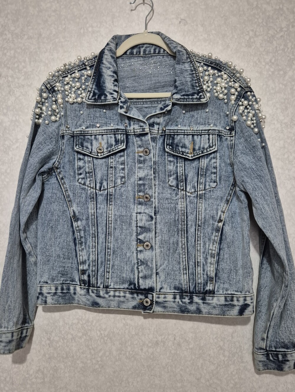 Pearl-Embellished Light Blue Denim Jacket - Women-Size:L